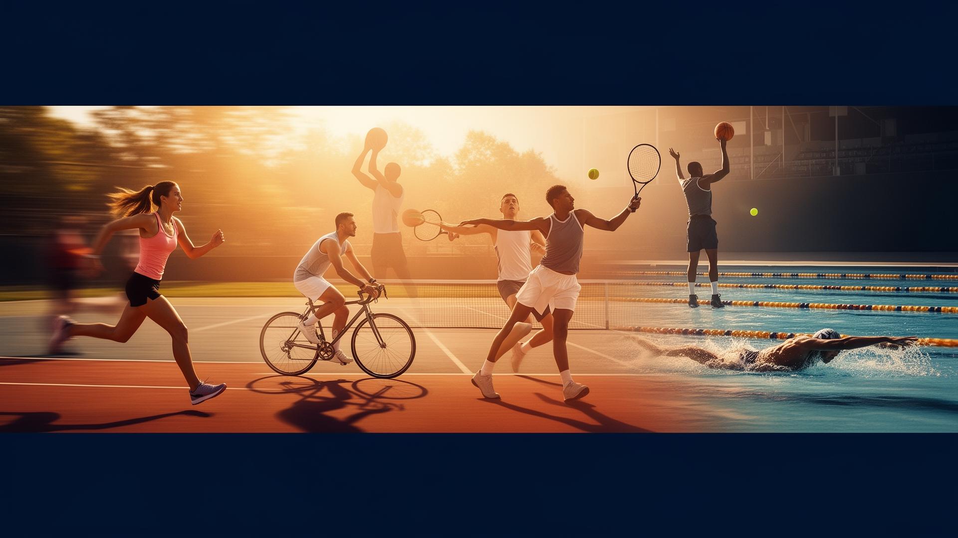 Athletes from many sports — running, cycling, tennis, basketball, swimming — at golden hour